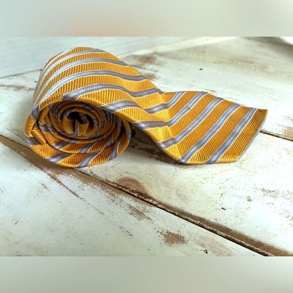 DANIEL CREMIEUX handmade silk tie yellow blue gray stripes men’s necktie EUC - Picture 10 of 10